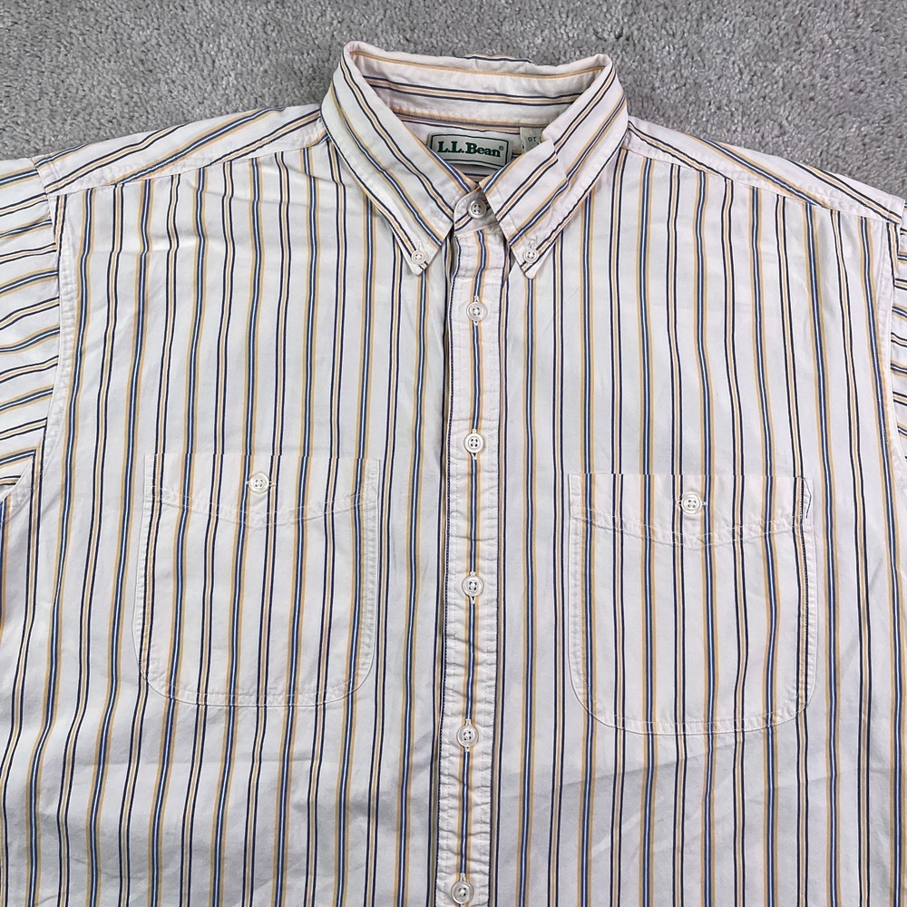 Vintage LL Bean Shirt Mens Large White Yellow Stripes Short Sleeve Button Up 90s